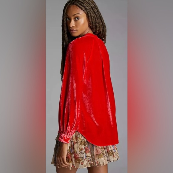 Anthropologie Pilcro Velvet Button-Up Cherry Red Blouse | Large | Stunning Color - Picture 2 of 14